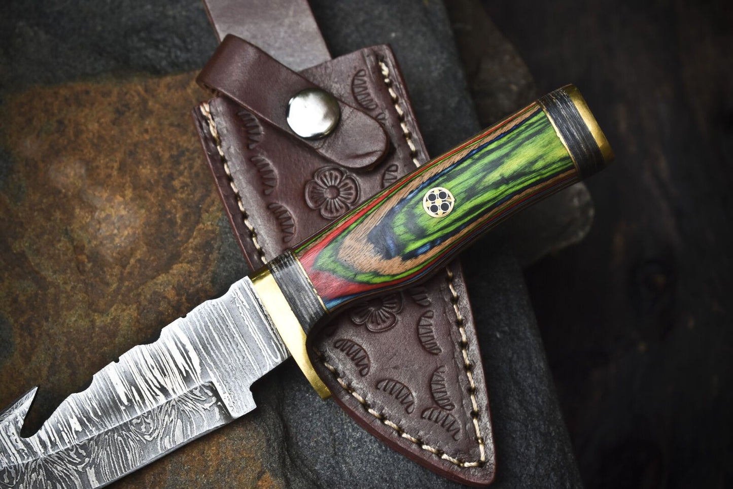 Handmade 8 Inch Damascus Skinner Knife with Gut Hook and Twist Pattern Blade – Hard Wood Handle EDC Knife