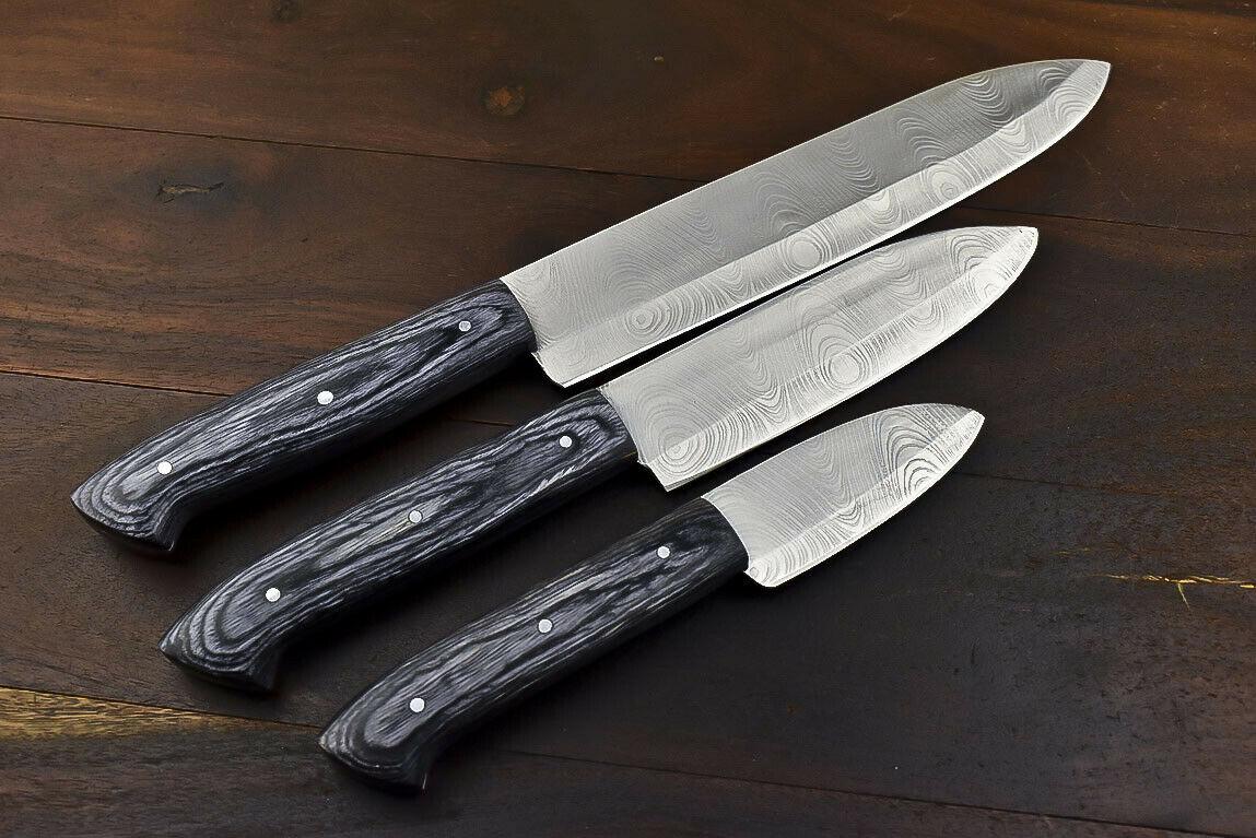 3-Piece Handmade Damascus Chef Knife Set – Twisted Pattern, Pakka Wood Handle, 8" Blades