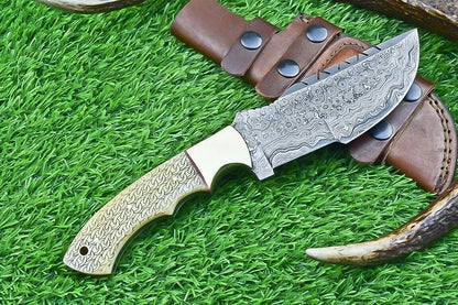 10 Inch Damascus Steel Tracker Bowie Knife with Camel Bone Handle