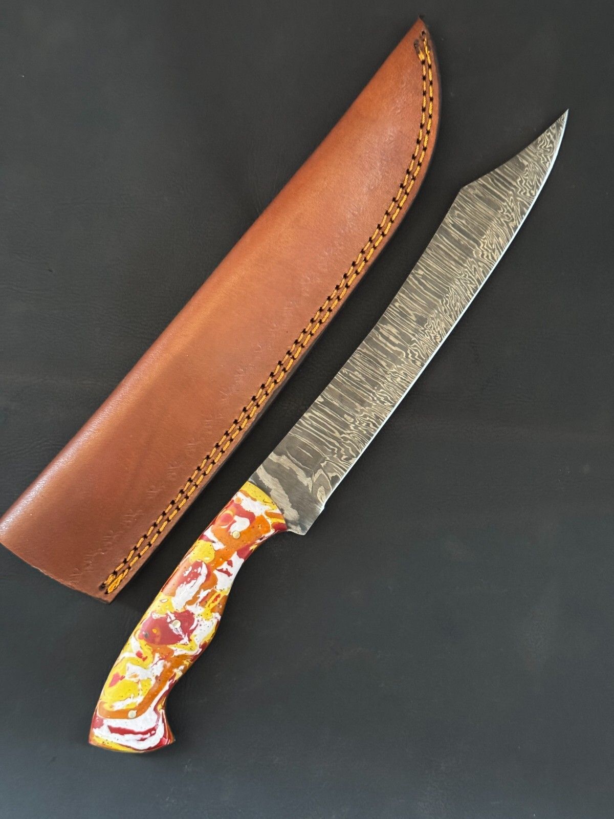 12.5" Custom Fillet Knife Handmade Damascus Fillet Knife for Kitchen With Leather Sheath