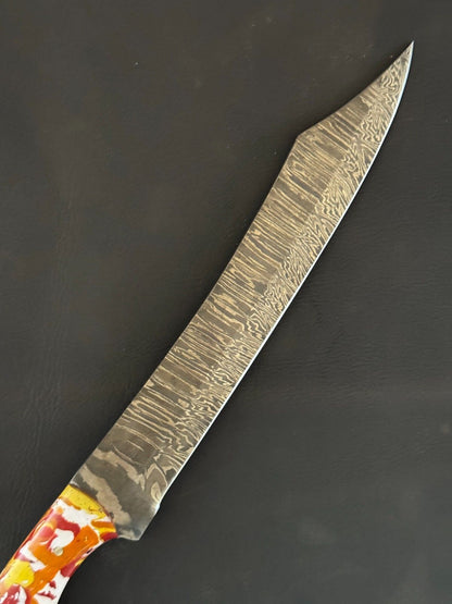 12.5" Custom Fillet Knife Handmade Damascus Fillet Knife for Kitchen With Leather Sheath