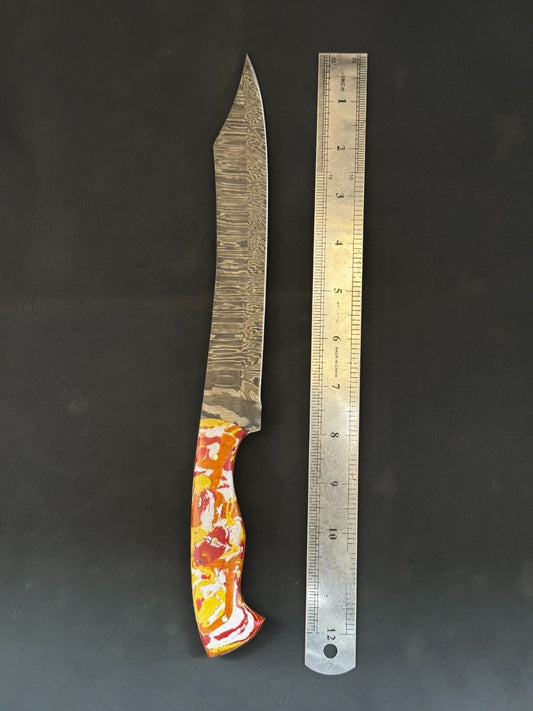 12.5" Custom Fillet Knife Handmade Damascus Fillet Knife for Kitchen With Leather Sheath
