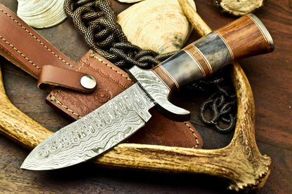 10" Handmade Damascus Hunting Bowie Knife | Camel Bone Handle
