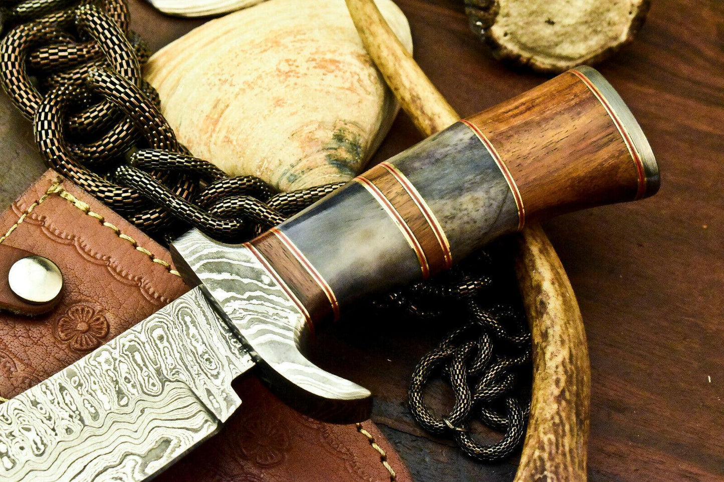10" Handmade Damascus Hunting Bowie Knife | Camel Bone Handle