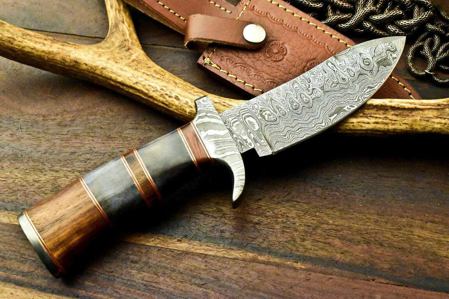 10" Handmade Damascus Hunting Bowie Knife | Camel Bone Handle