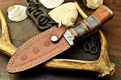 10" Damascus steel Bowie knife with camel bone handle, brass guard & leather sheath