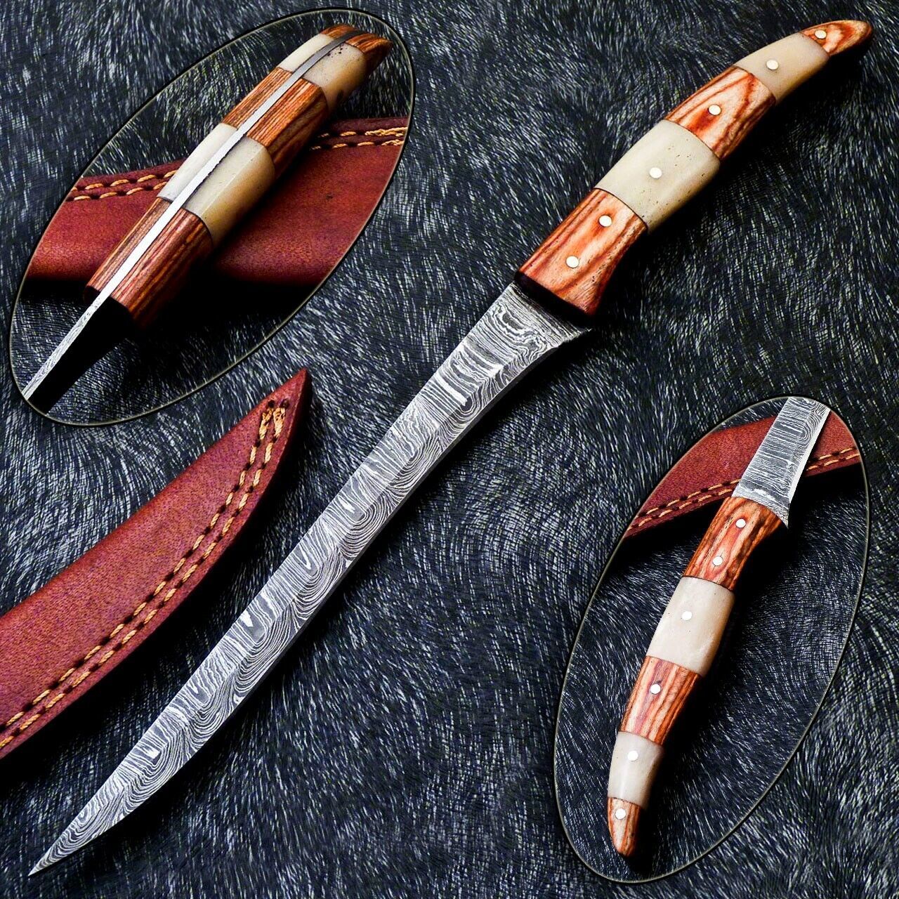 Custom Hand Forged Damascus Fillet Knife 12" Fillet Knife with Camel Bone Handle