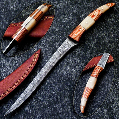 Custom Hand Forged Damascus Fillet Knife 12" Fillet Knife with Camel Bone Handle