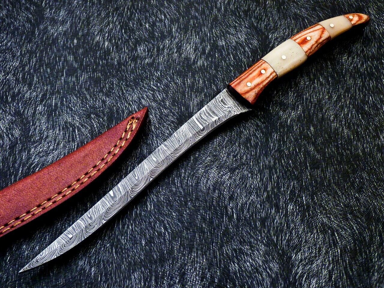 Custom Hand Forged Damascus Fillet Knife 12" Fillet Knife with Camel Bone Handle