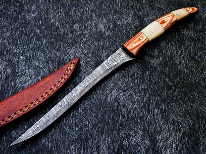 Custom Hand Forged Damascus Fillet Knife 12" Fillet Knife with Camel Bone Handle