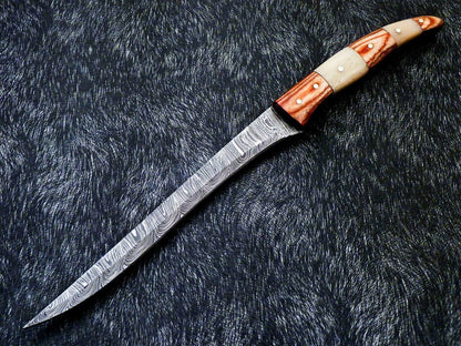 Custom Hand Forged Damascus Fillet Knife 12" Fillet Knife with Camel Bone Handle