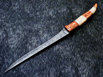 Custom Hand Forged Damascus Fillet Knife 12" Fillet Knife with Camel Bone Handle