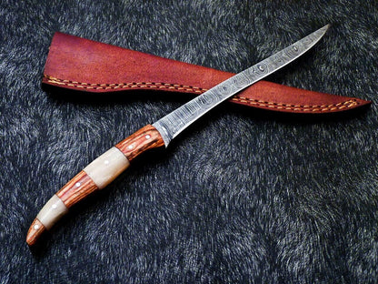 Custom Hand Forged Damascus Fillet Knife 12" Fillet Knife with Camel Bone Handle