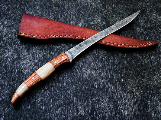 Custom Hand Forged Damascus Fillet Knife 12" Fillet Knife with Camel Bone Handle