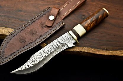 12" Handmade Damascus Steel Bowie Knife – Walnut Wood Hunting Knife with Leather Sheath
