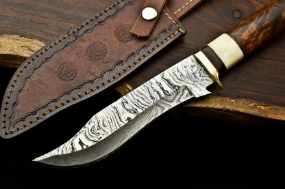 12" Handmade Damascus Steel Bowie Knife – Walnut Wood Hunting Knife with Leather Sheath