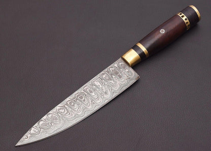 12" Custom Handmade Damascus Steel Chef Knife – Rosewood, Resin & Brass Handle with Sheath