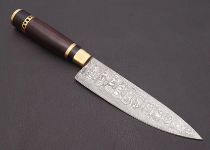 12" Custom Handmade Damascus Steel Chef Knife – Rosewood, Resin & Brass Handle with Sheath