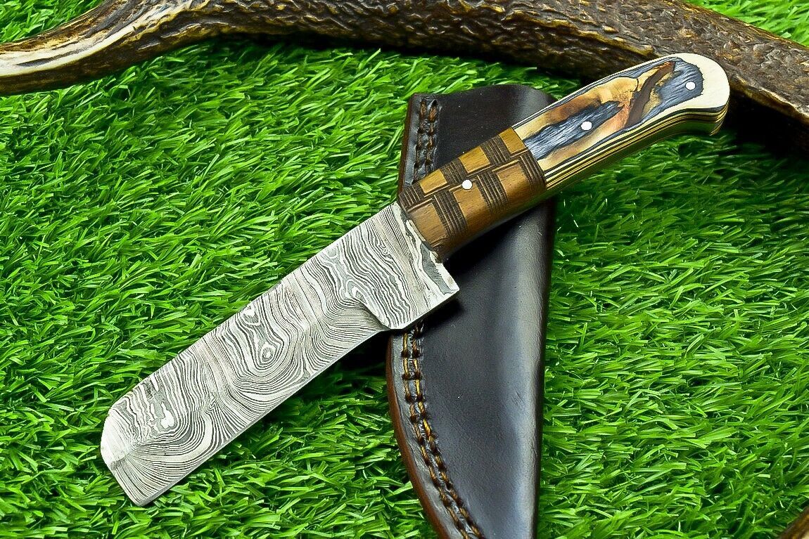 Hand Forged Damascus Steel Bull Cutter Knife 8" Custom Bull Cutter Knife with Sheath