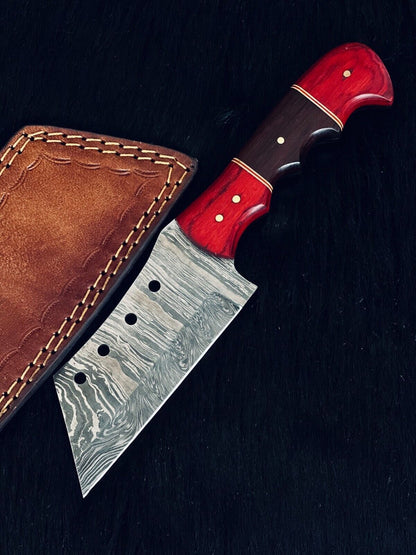 9" Twist Damascus Cleaver Knife – Camel Bone & Wood Handle