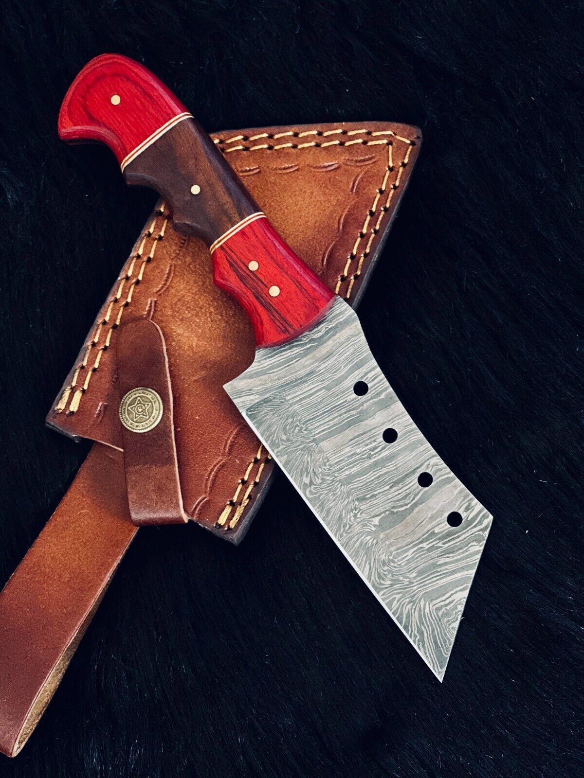 9" Twist Damascus Cleaver Knife – Camel Bone & Wood Handle