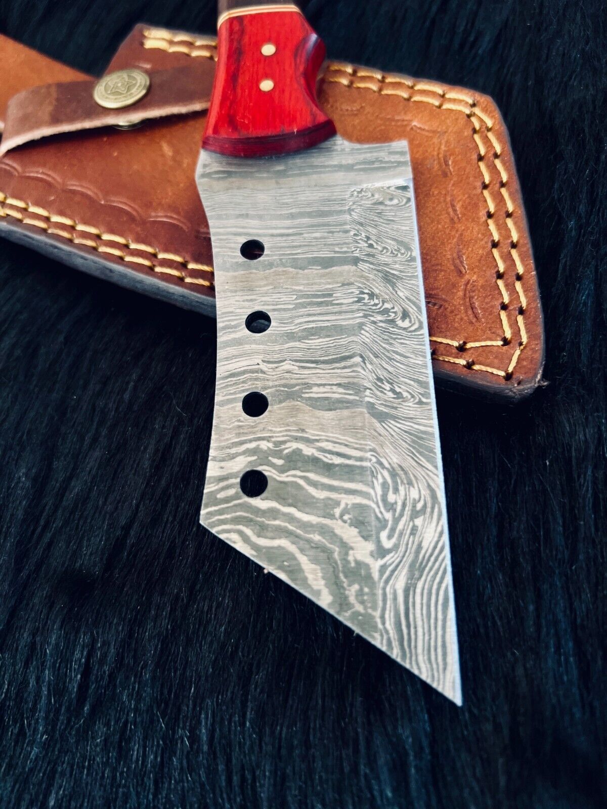 9" Twist Damascus Cleaver Knife – Camel Bone & Wood Handle