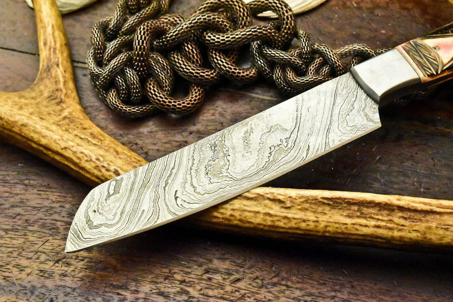Custom Handmade Damascus Chef Hunting Knife with Engraved Burn-Stained Camel Bone Handle, 384-Layer Forged Blade, Full Tang, Acid-Etched Damascus, Precision Sharpened