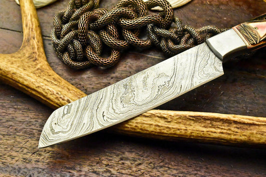 Custom Handmade Damascus Chef Hunting Knife with Engraved Burn-Stained Camel Bone Handle, 384-Layer Forged Blade, Full Tang, Acid-Etched Damascus, Precision Sharpened