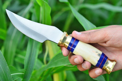 Custom D2 Steel Hunting Bowie Knife with Camel Bone Handle and Leather Sheath