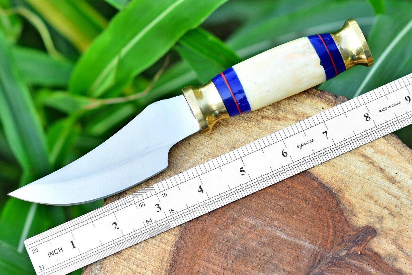 Custom D2 Steel Hunting Bowie Knife with Camel Bone Handle and Leather Sheath