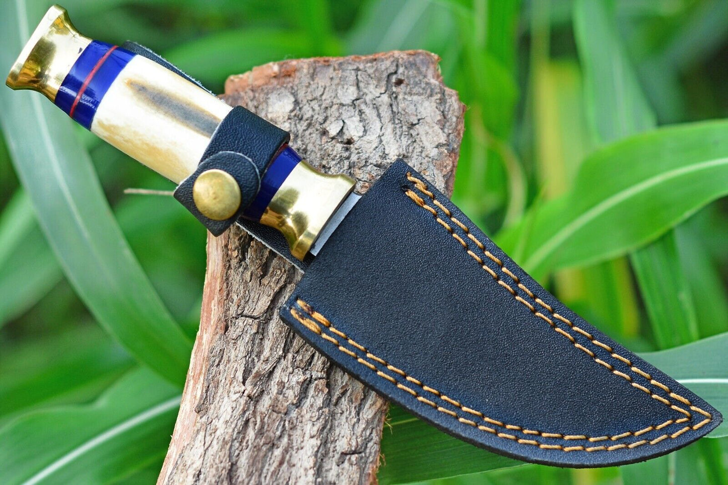 Custom D2 Steel Hunting Bowie Knife with Camel Bone Handle and Leather Sheath