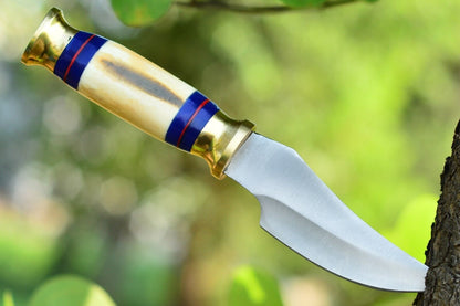 Custom D2 Steel Hunting Bowie Knife with Camel Bone Handle and Leather Sheath