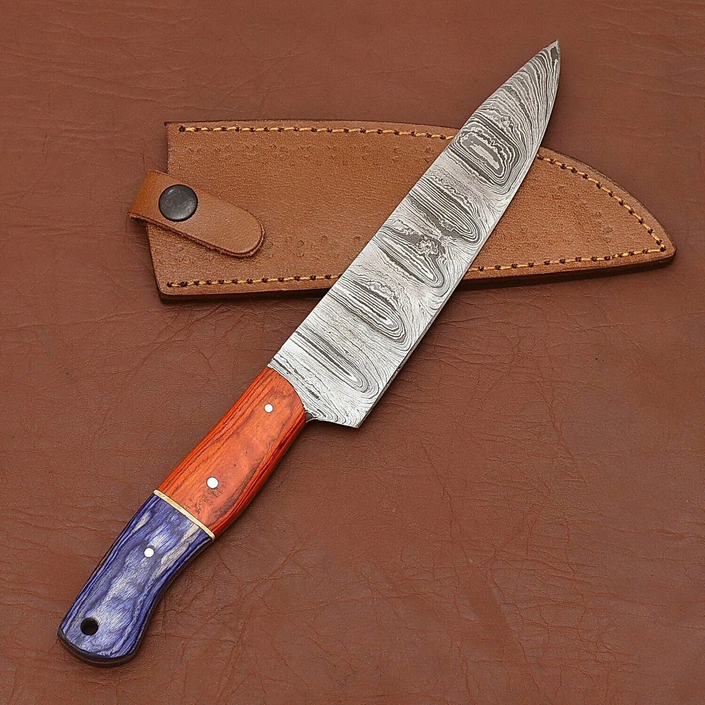 Custom Handmade Damascus Steel Chef Kitchen Knife | 12" Wood Handle with Leather Sheath