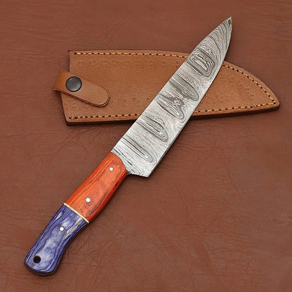 Custom Handmade Damascus Steel Chef Kitchen Knife | 12" Wood Handle with Leather Sheath