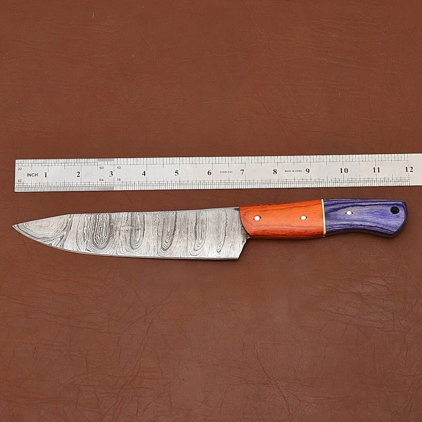 Custom Handmade Damascus Steel Chef Kitchen Knife | 12" Wood Handle with Leather Sheath