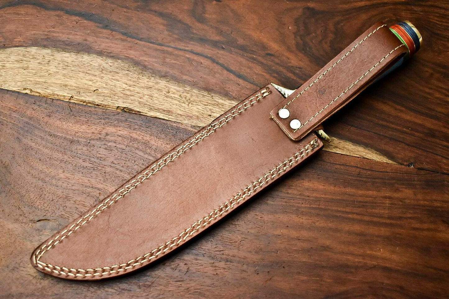 14" Handmade Damascus Steel Hunting Bowie Knife – Camel Bone Handle with Leather Sheath