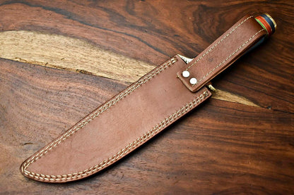14" Handmade Damascus Steel Hunting Bowie Knife – Camel Bone Handle with Leather Sheath