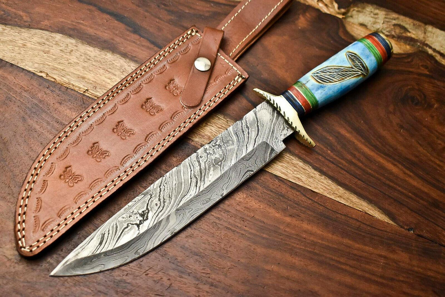 14" Handmade Damascus Steel Hunting Bowie Knife – Camel Bone Handle with Leather Sheath