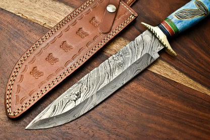 14" Handmade Damascus Steel Hunting Bowie Knife – Camel Bone Handle with Leather Sheath