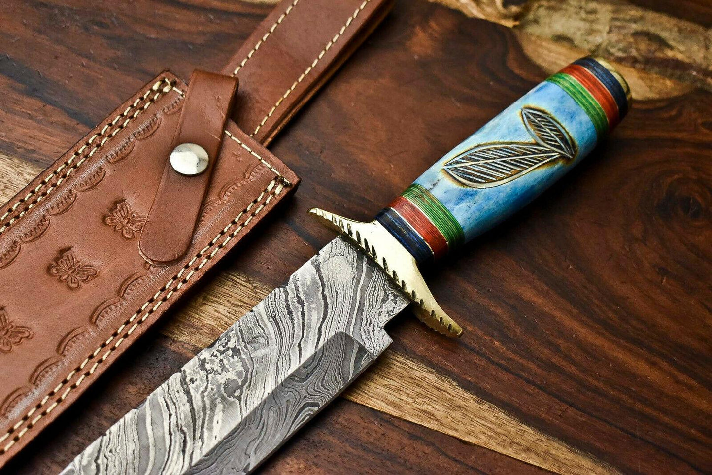 14" Handmade Damascus Steel Hunting Bowie Knife – Camel Bone Handle with Leather Sheath