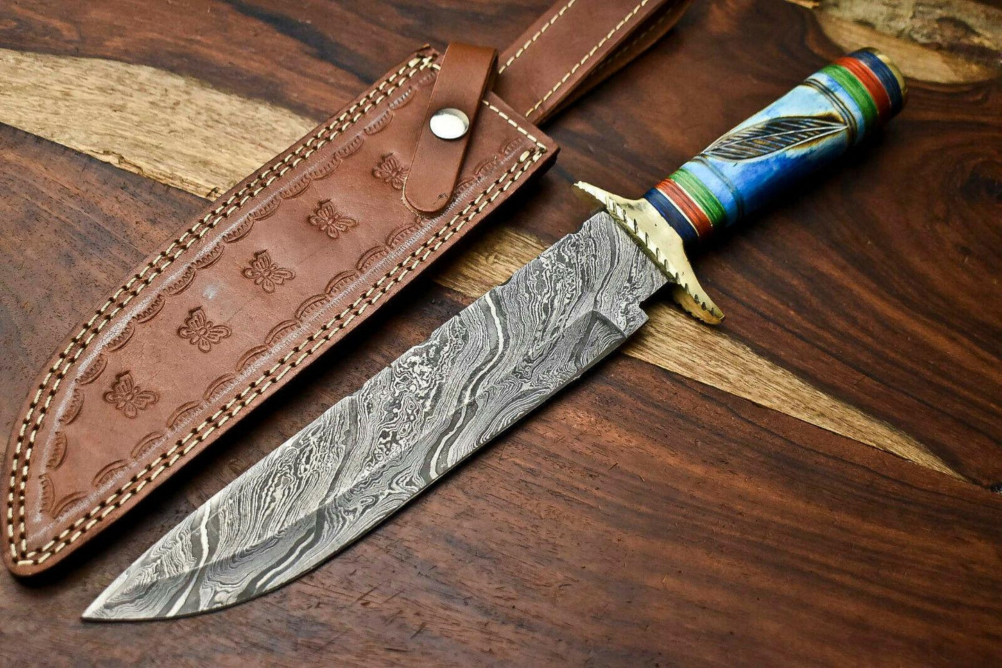 14" Handmade Damascus Steel Hunting Bowie Knife – Camel Bone Handle with Leather Sheath