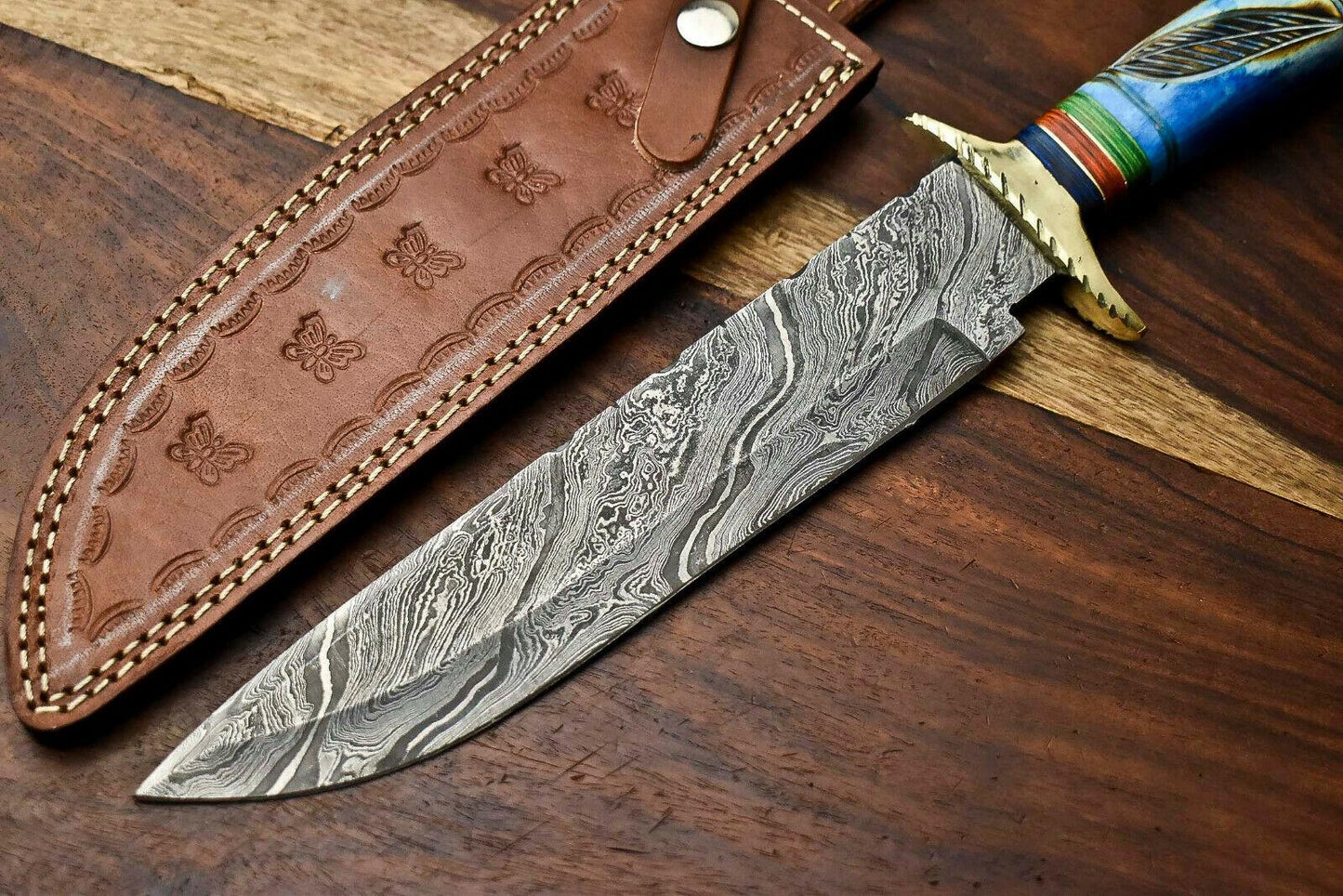 14" Handmade Damascus Steel Hunting Bowie Knife – Camel Bone Handle with Leather Sheath