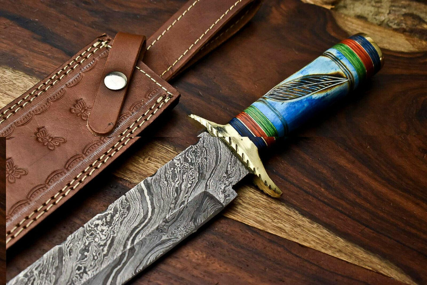 14" Handmade Damascus Steel Hunting Bowie Knife – Camel Bone Handle with Leather Sheath