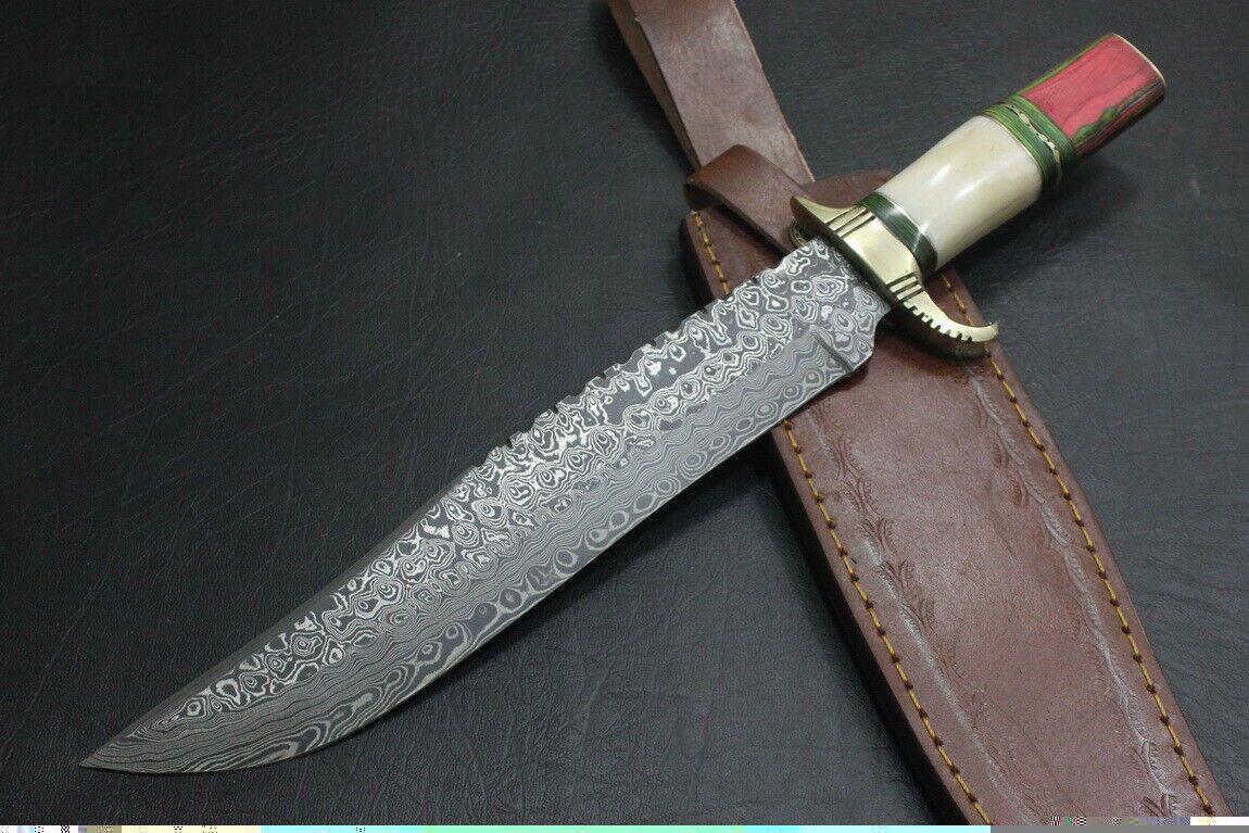 Custom Handmade Damascus Steel Bowie Hunting Knife | Hardwood & Camel Bone Handle