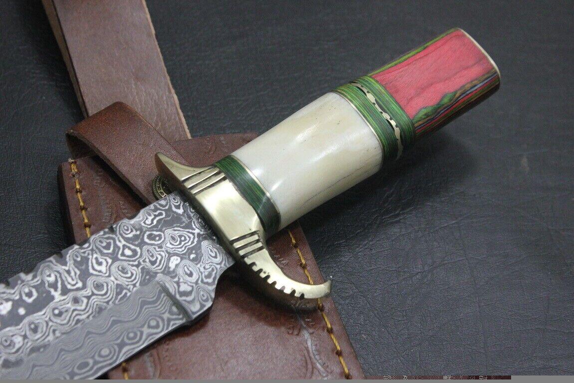 Custom Handmade Damascus Steel Bowie Hunting Knife | Hardwood & Camel Bone Handle