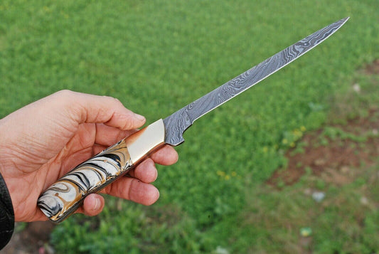 Hand Forged Fillet Knife Damascus Fillet Knife with Resin & Brass Handle