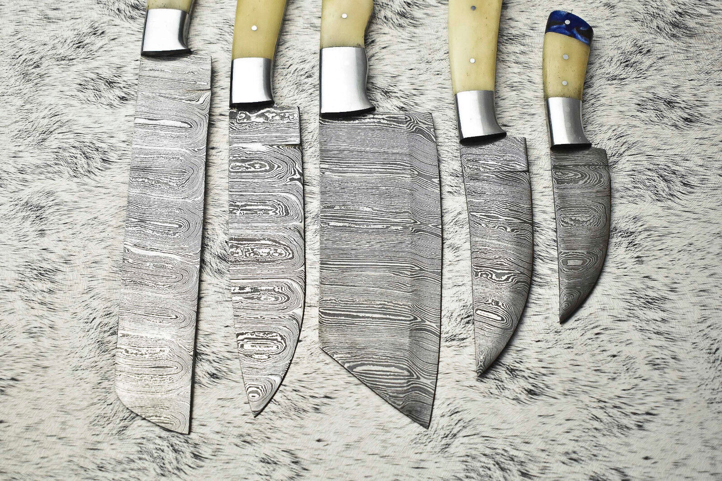 Lot Of 5 Handmade Damascus Blade Full Tang Chef Set Knife | Camel Bone