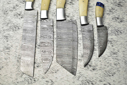 Lot Of 5 Handmade Damascus Blade Full Tang Chef Set Knife | Camel Bone
