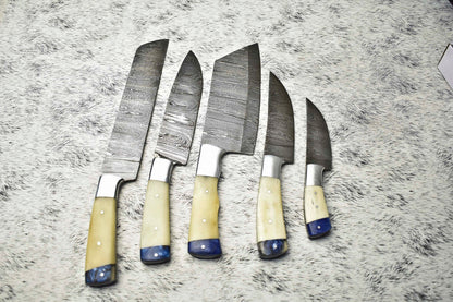 Lot Of 5 Handmade Damascus Blade Full Tang Chef Set Knife | Camel Bone