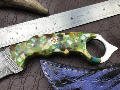 Custom Handmade Best Damascus Karambit 8" Damascus Steel Karambit Knife with Resin Handle